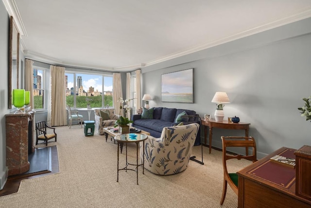 living room with ornamental molding and carpet floors