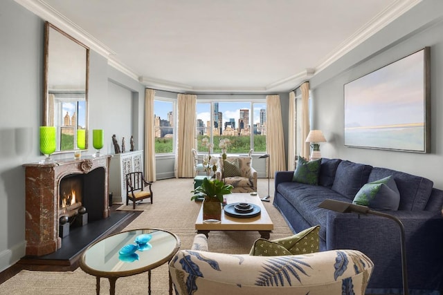 living room featuring crown molding