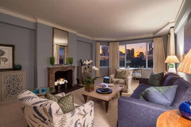 carpeted living room featuring ornamental molding