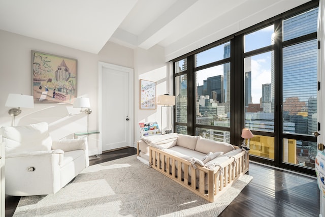 living area featuring a view of city and wood finished floors