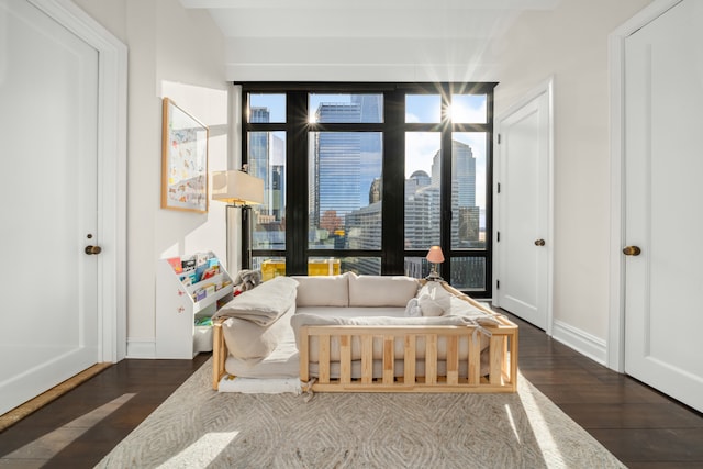 bedroom featuring a view of city, access to outside, baseboards, and dark wood-style flooring