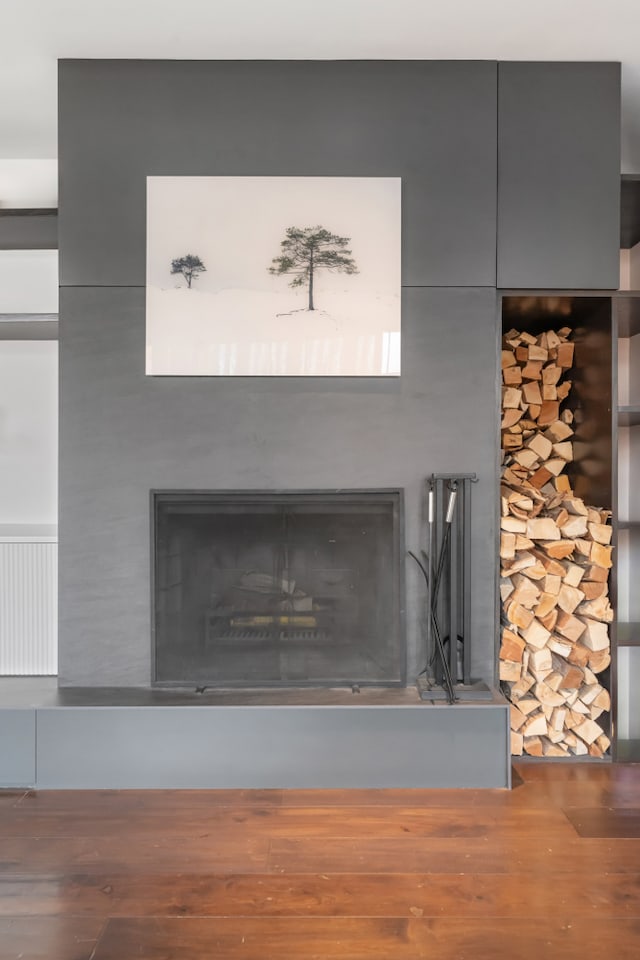 details with wood finished floors and a fireplace with raised hearth