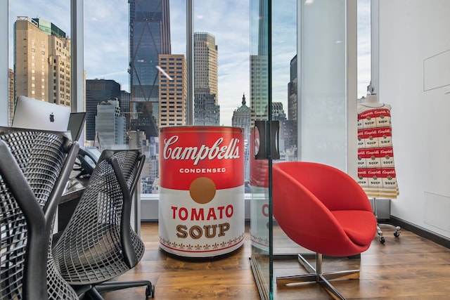 50 W 47th St Unit 1808, New York City, NY 10036 - detailed view of wood finished floors and skyline