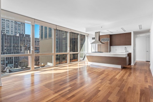 unfurnished living room with sink, light hardwood / wood-style floors, and expansive windows