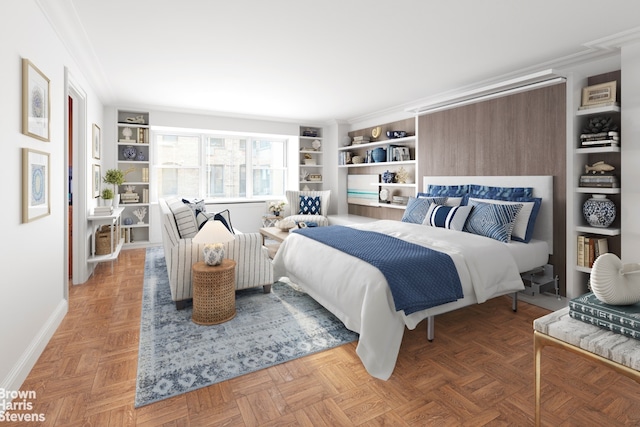 bedroom featuring ornamental molding and parquet flooring