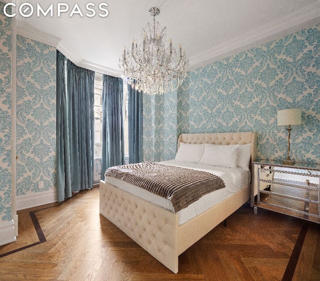 bedroom featuring parquet flooring, crown molding, and a chandelier