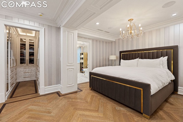 bedroom with an inviting chandelier, parquet floors, and ornamental molding