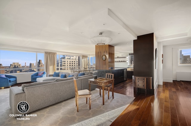 190 E 72nd St Unit 34Cd, New York City, NY 10021 - living area featuring dark wood finished floors, a city view, and baseboards