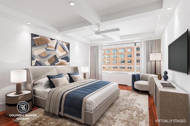 bedroom with beam ceiling, a ceiling fan, coffered ceiling, wood finished floors, and recessed lighting