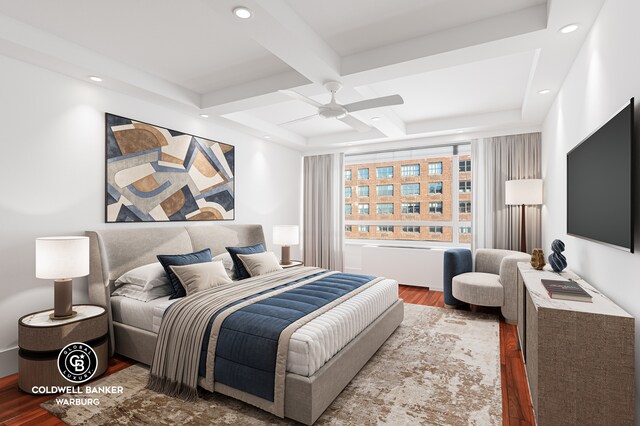 190 E 72nd St Unit 34Cd, New York City, NY 10021 - bedroom with wood finished floors, radiator heating unit, coffered ceiling, ceiling fan, and beamed ceiling