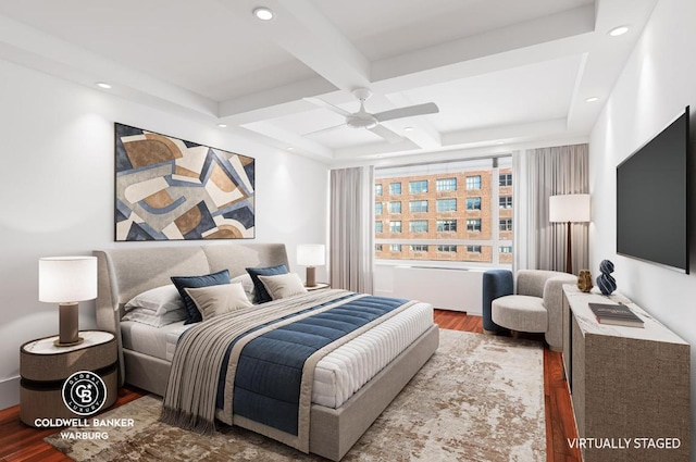 bedroom with coffered ceiling, hardwood / wood-style flooring, beamed ceiling, and ceiling fan