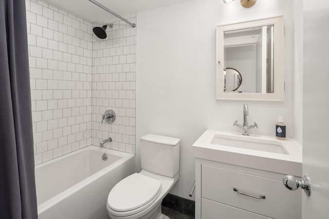 bathroom featuring toilet, shower / tub combo with curtain, and vanity