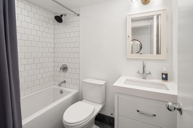 full bathroom featuring vanity, shower / bath combo, and toilet