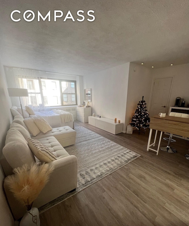 living room featuring a textured ceiling and wood finished floors