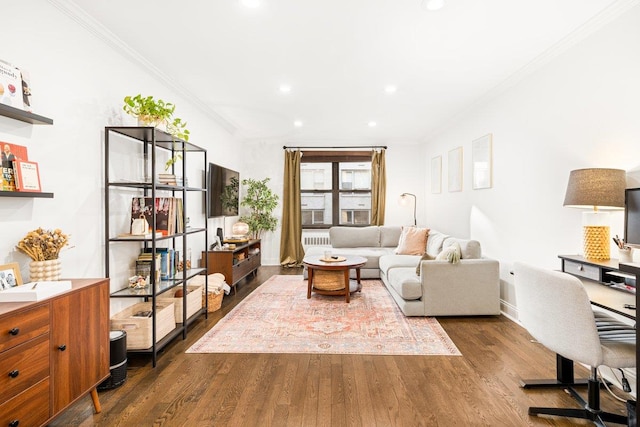 living area featuring recessed lighting, crown molding, and dark wood-style flooring