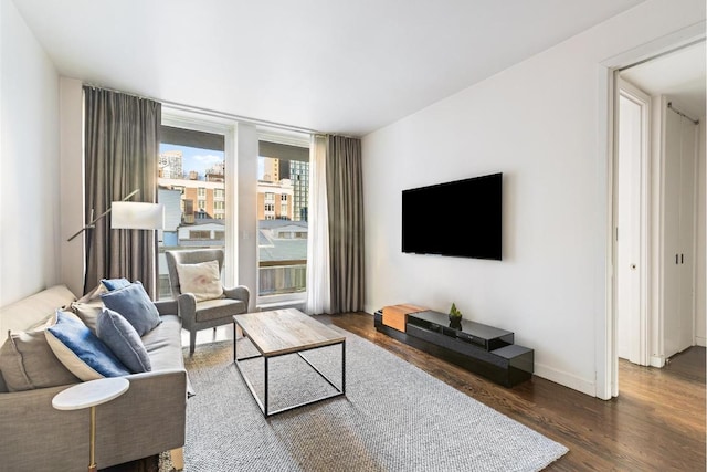 living room with dark hardwood / wood-style flooring