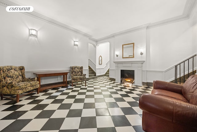 living room with crown molding