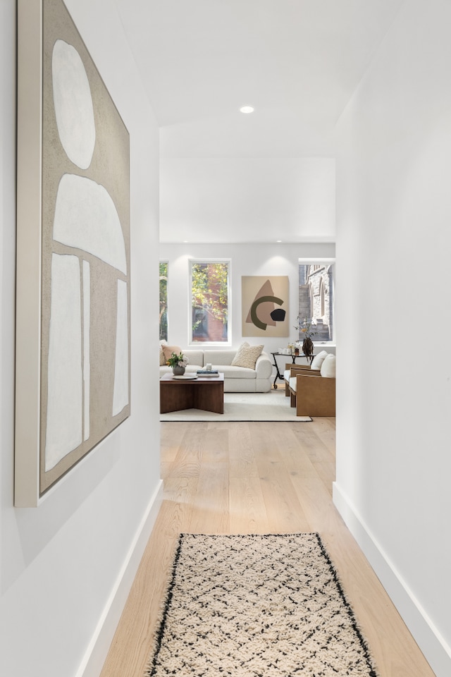 hall with light wood-style floors, plenty of natural light, and baseboards