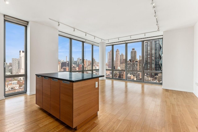 kitchen with floor to ceiling windows, a city view, a large island, and modern cabinets