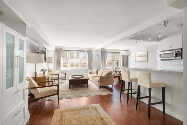 living room with dark hardwood / wood-style flooring