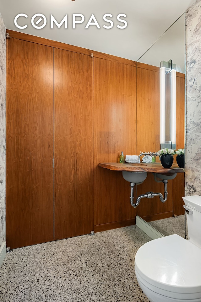 bathroom with toilet and speckled floor