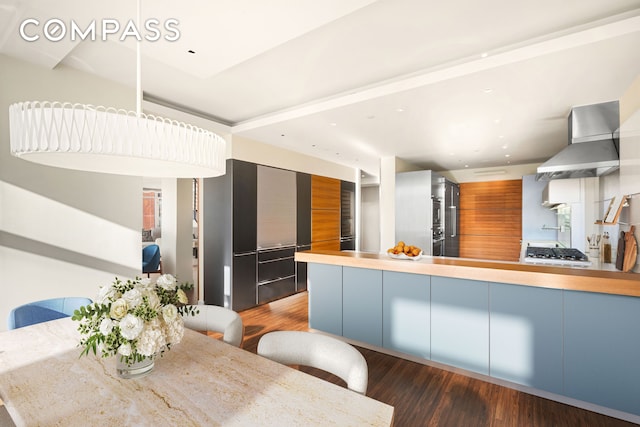 kitchen featuring stainless steel gas cooktop, wall chimney exhaust hood, modern cabinets, and wood finished floors