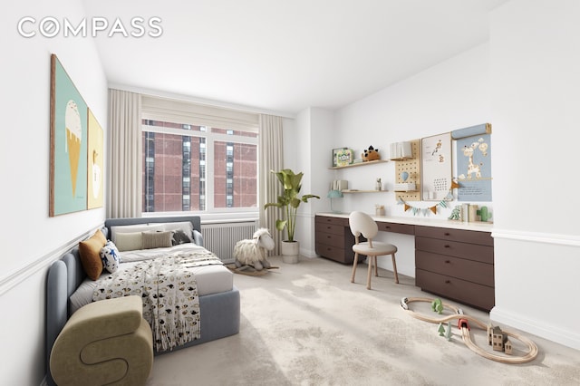 bedroom with built in desk, radiator, and carpet floors