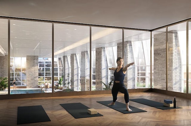 exercise room with parquet floors