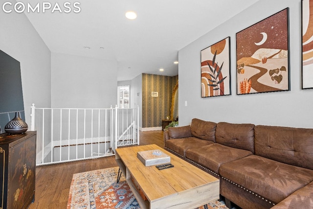 living room with dark hardwood / wood-style floors