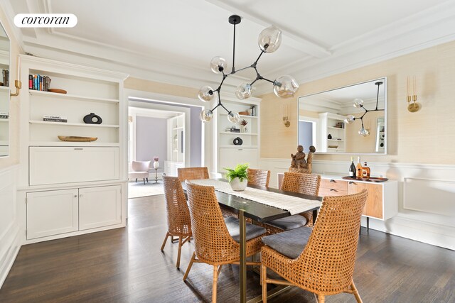 dining space featuring beamed ceiling, crown molding, dark hardwood / wood-style floors, and built in shelves