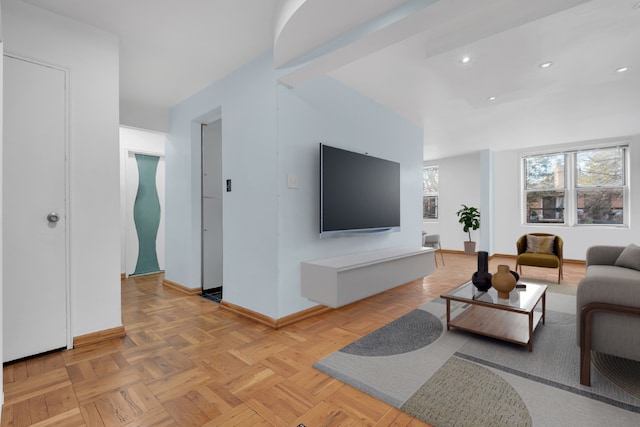 living room featuring light parquet flooring