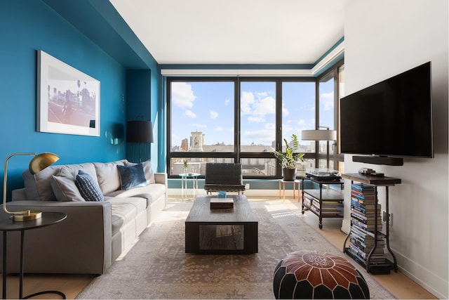 living area featuring wood finished floors and baseboards