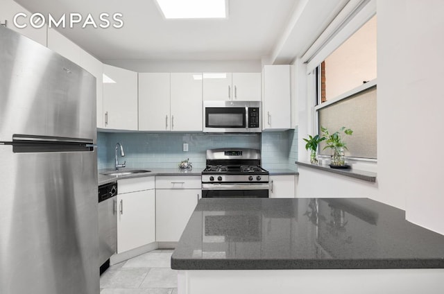 kitchen featuring tasteful backsplash, stainless steel appliances, sink, and white cabinets