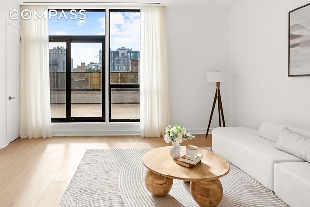 living area featuring a view of city, light wood-style flooring, and baseboards