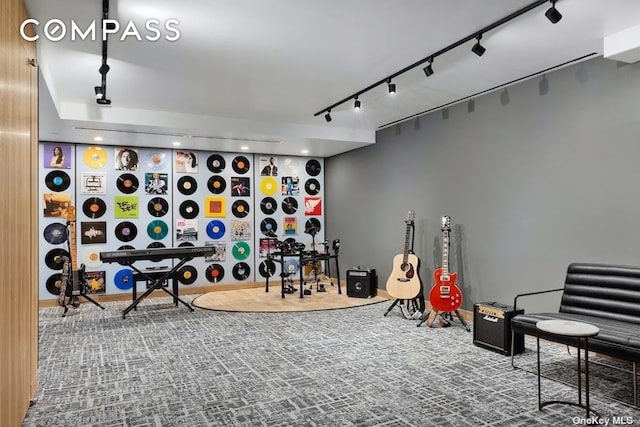 game room with carpet flooring and rail lighting