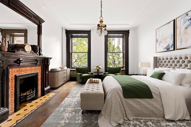 51 E 75th St, New York City, NY 10021 - bedroom with crown molding and a fireplace with flush hearth