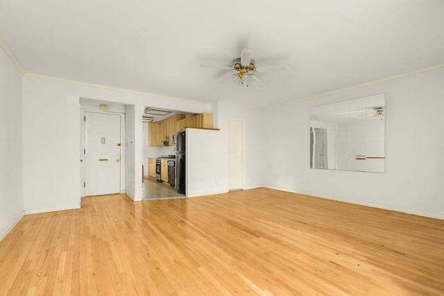 unfurnished living room featuring ornamental molding, ceiling fan, and light hardwood / wood-style flooring