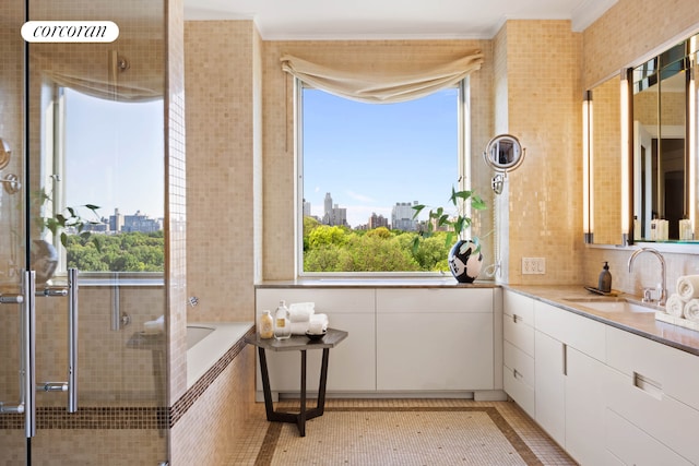 bathroom featuring tasteful backsplash, a city view, crown molding, and vanity