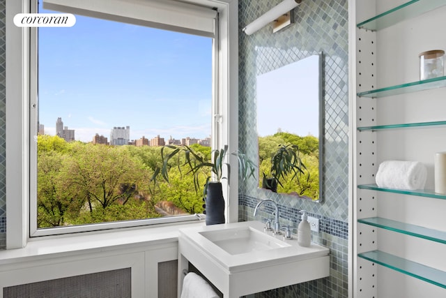 bathroom with a healthy amount of sunlight, a view of city, and a sink