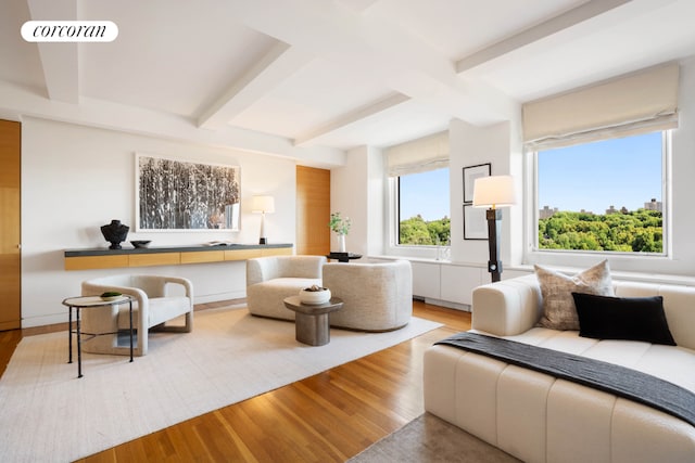 living room featuring hardwood / wood-style flooring and beamed ceiling