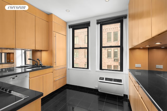 kitchen featuring dark countertops, white dishwasher, and a sink