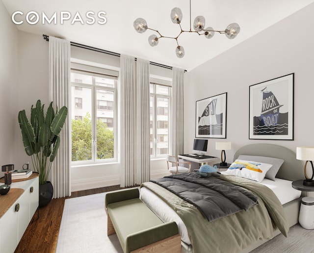 20 E End Ave Unit 4C, New York City, NY 10028 - bedroom featuring a chandelier, dark wood finished floors, multiple windows, and baseboards