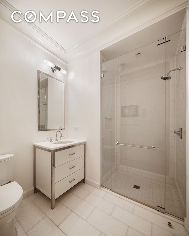 20 E End Ave Unit 4C, New York City, NY 10028 - bathroom with toilet, vanity, a shower stall, and crown molding