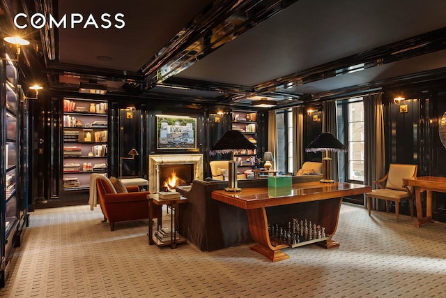 20 E End Ave Unit 4C, New York City, NY 10028 - carpeted home theater featuring a lit fireplace