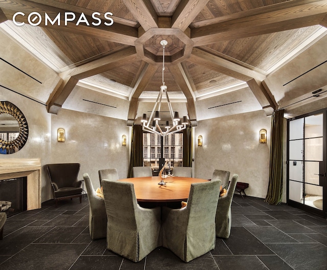 20 E End Ave Unit 4C, New York City, NY 10028 - dining space with a chandelier, stone tile floors, and wooden ceiling with exposed beams
