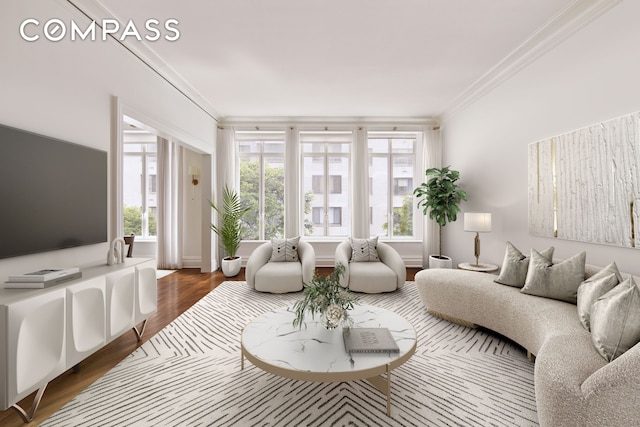 living room with ornamental molding, wood finished floors, and a wealth of natural light