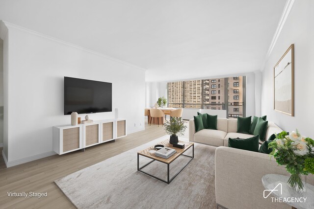 living room featuring crown molding and light hardwood / wood-style flooring