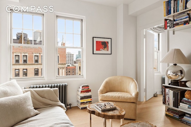 sitting room with plenty of natural light, radiator, and light hardwood / wood-style flooring