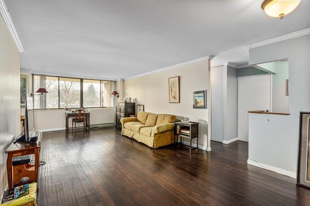 living room featuring dark hardwood / wood-style flooring and crown molding