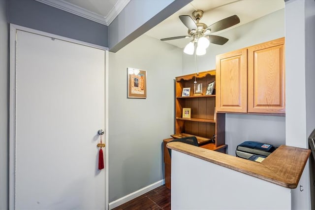 home office featuring crown molding, ceiling fan, and dark hardwood / wood-style flooring